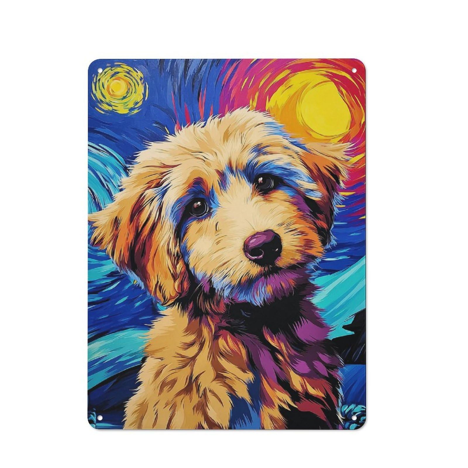 Junmoney Starry Night Pup Vibrant Art Print Metal Wall Plaque With Design 40X30cm, Retro Small Space Decor For Flat, Dorm Room, Lounge Or Cafe