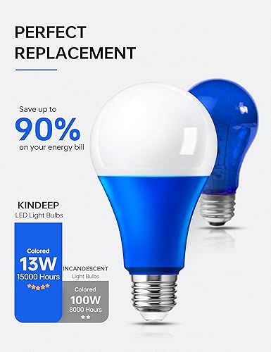 Miniatura 6 de KINDEEP Bombillas LED azules A21, equivalente a 13 W, bombillas de color azul de 100 W, base E26, bombillas LED azules para hogar, porche, fiesta,