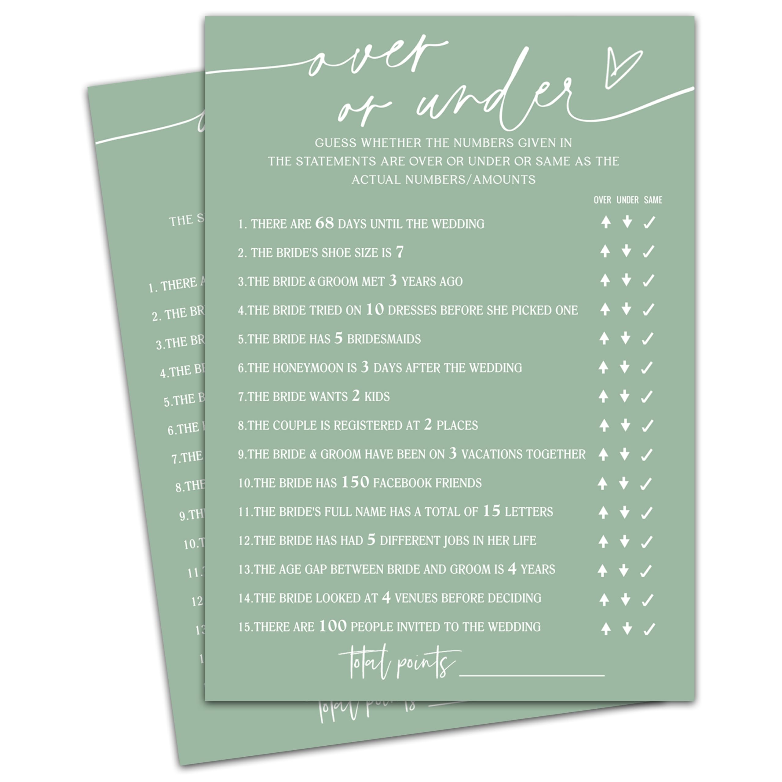 OXRUN Over or Under Game Cards, Sea Green Bridal Shower Games, 30 Elegant Wedding Game for Bachelorette Engagement Party Reception Supplies - A11