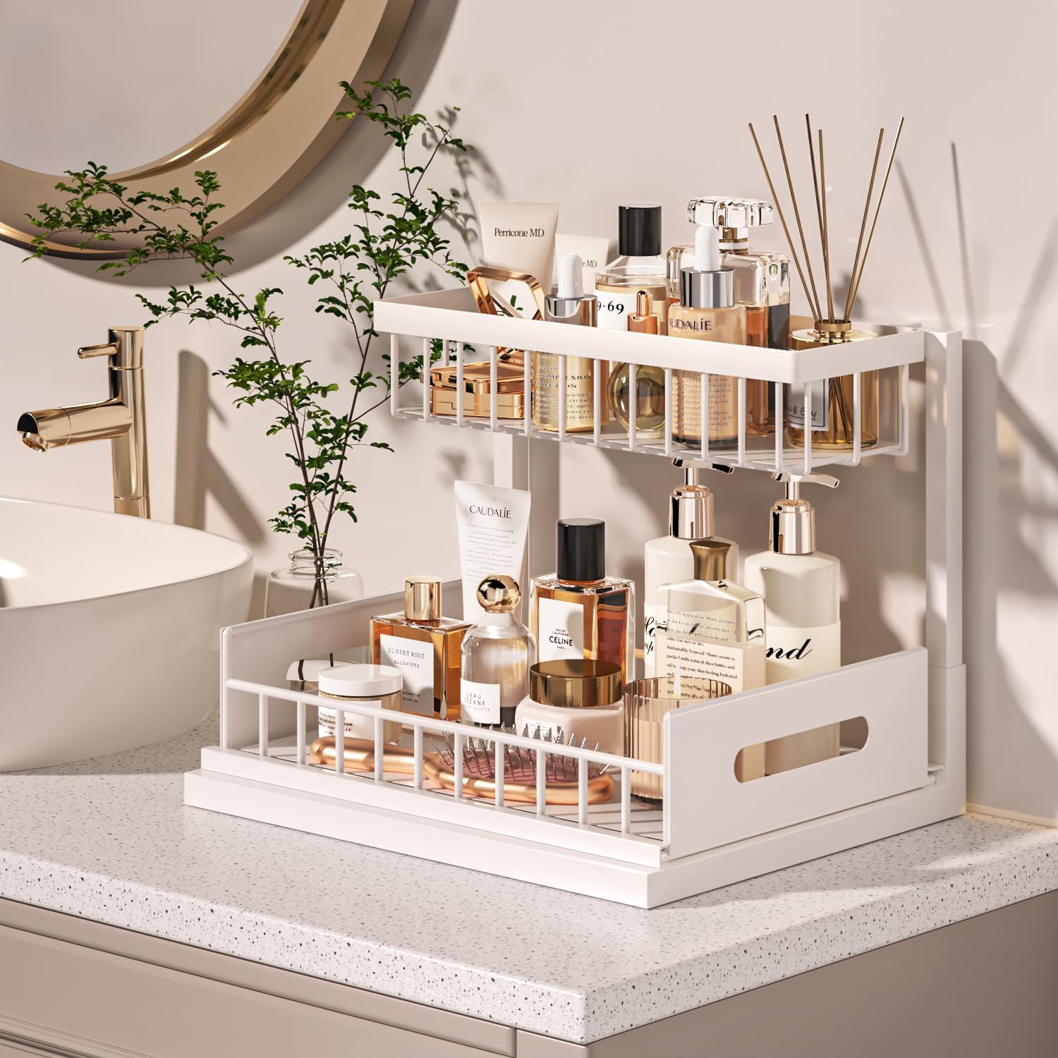 Under Sink Organizer, 2-Tier Under Kitchen Bathroom Sink Organizers and Storage No Drilling Rustproof Stainless Steel Pull Out Shelf for Kitchen Bathroom