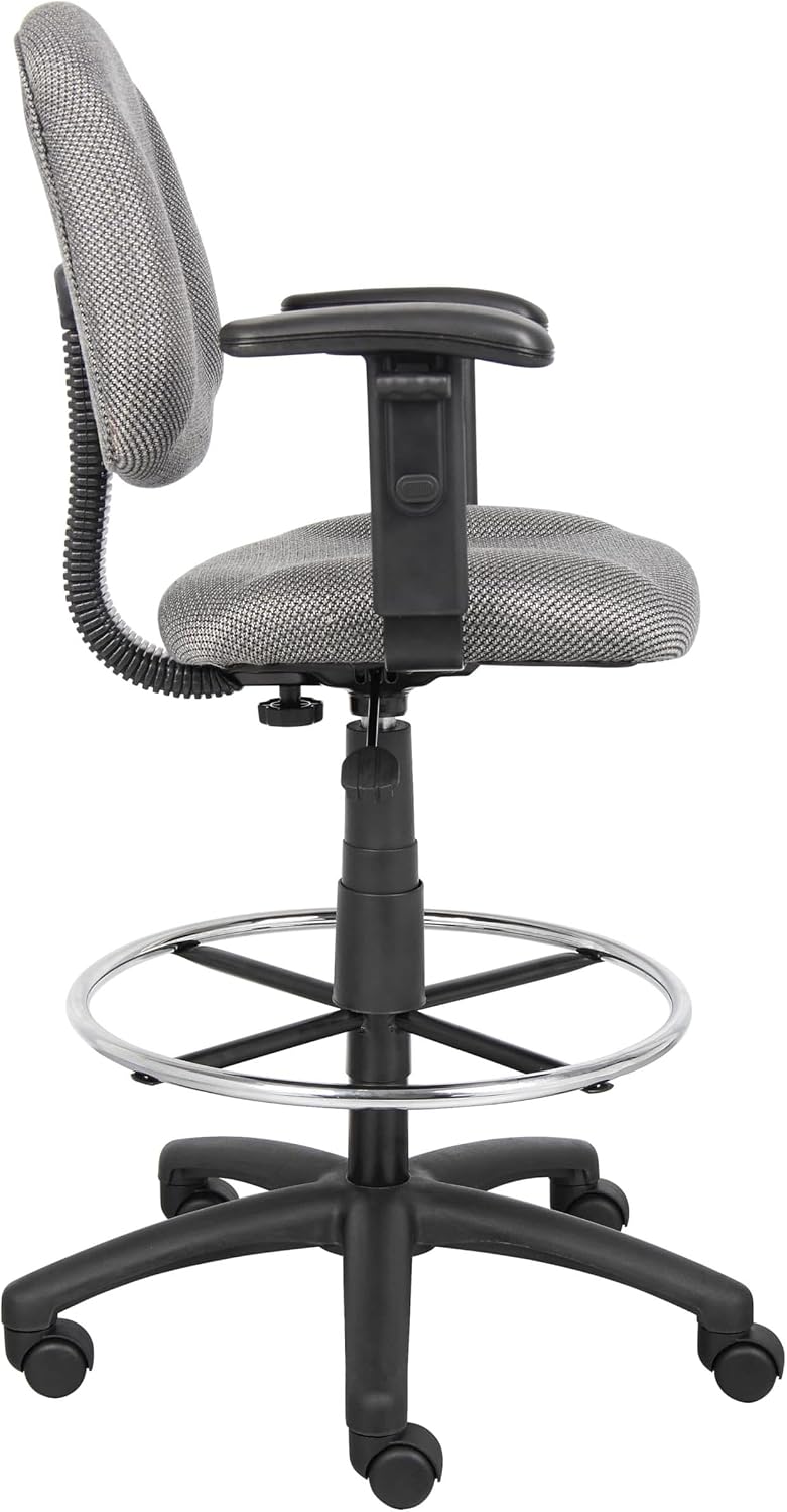 BOWERY HILL Contoured Rolling Fabric Drafting Stool with Arms, Gray Finish, Adjustable Height Seat and Arms, Chrome Footring, Pneumatic Gas Lift, Nylon Base with Casters for Office or Studio Use