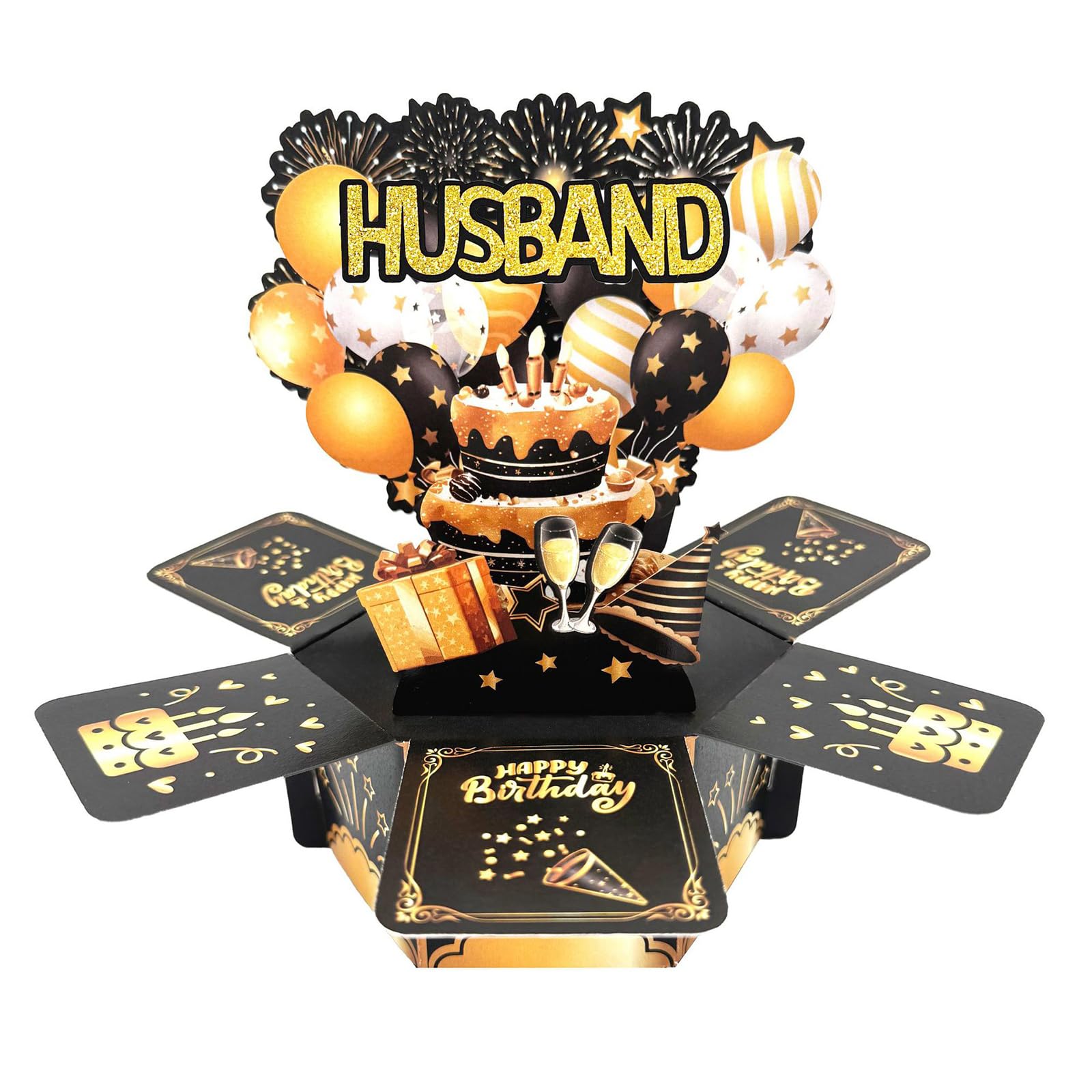 Husband Birthday Card, Happy Birthday Pop up Card for Husband, 3D Black Gold Gift Box, Colorful Balloon Fireworks Happy Birthday Husband Card, Creative Gifts Ideas for Husband