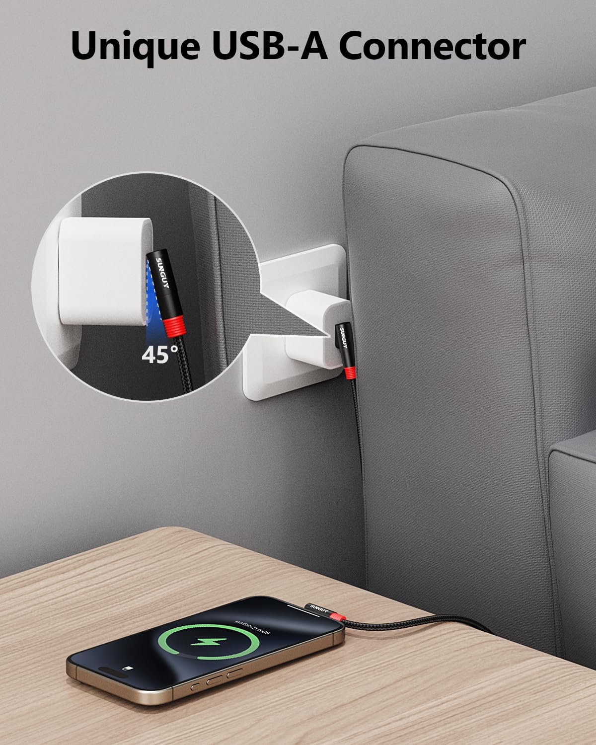 SUNGUY Right Angle USB C to A Cable 2FT/0.6m, 2Pack 3A Short USB-A to USB-C 90 Degree Fast Charging Data Sync Cable Nylon Braided for Samsung Galaxy S22 S20 S10 S9, LG, Google Pixel, Power Bank - Image 3