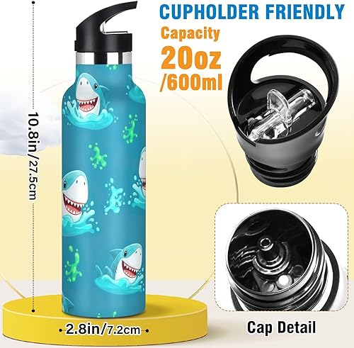 Miniatura 2 de Botella de agua para niños con popote para la escuela, botella de agua de acero inoxidable para viajes o escuela, 20 onzas, sin BPA, cabezas de
