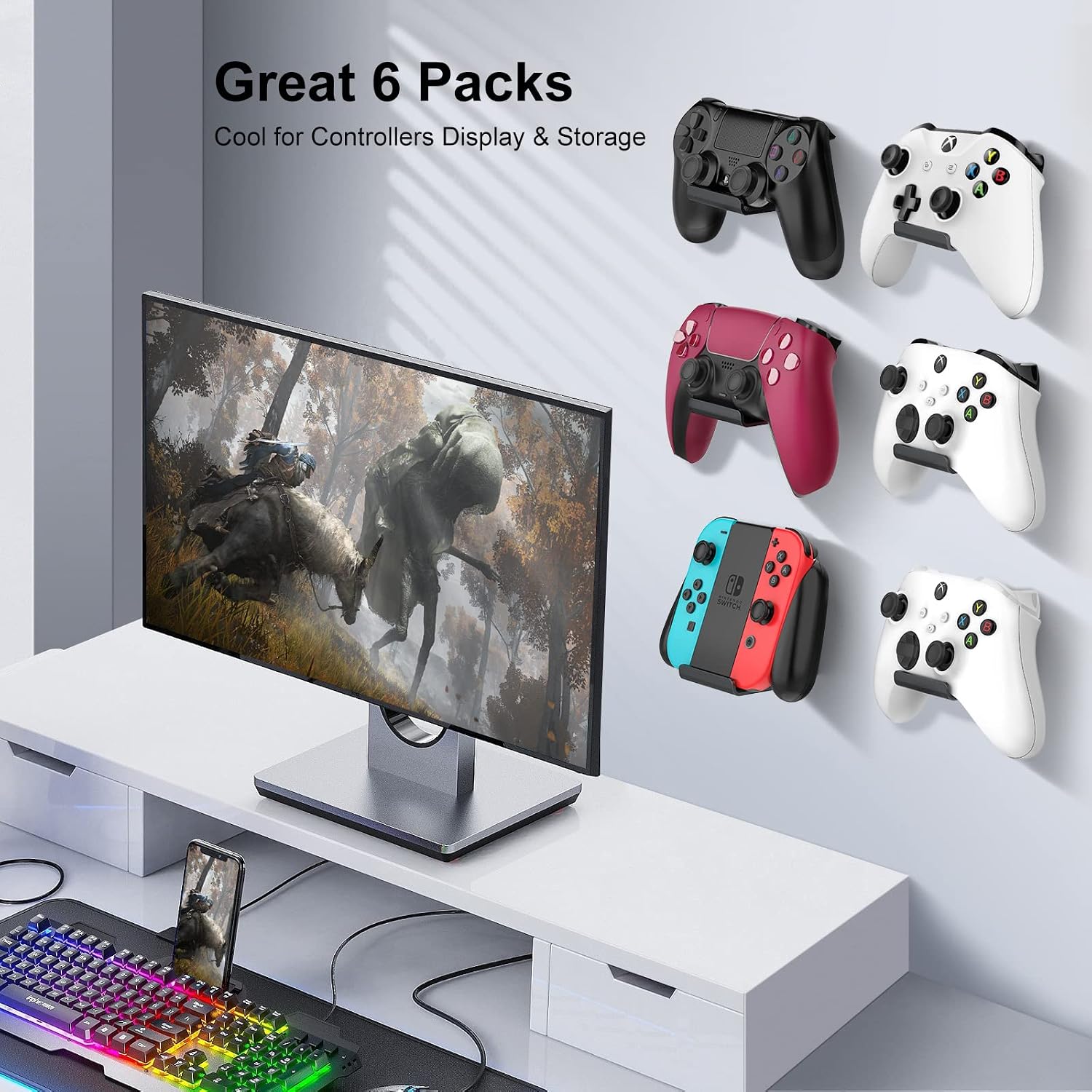 6 Pack Foldable Controller Holder Wall Mount for Xbox Switch Pro PS5 PS4 PS3 Strong Adhesive/Screw Upgraded Controller Stand Hanger with Anti-slip Pad Universal Game Controller & Headphone Accessories