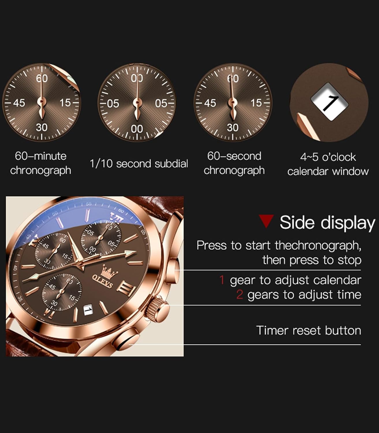 OLEVS Men's Chronograph Quartz Watches, Leather Strap Gold Case with Day Date, Waterproof Stainless Steel Wrist Watch, Luminous Watches for Men, Fashion, Leisure, Leather Strap Coffee Color Dial, Fashion; Leisure, Sports image 4