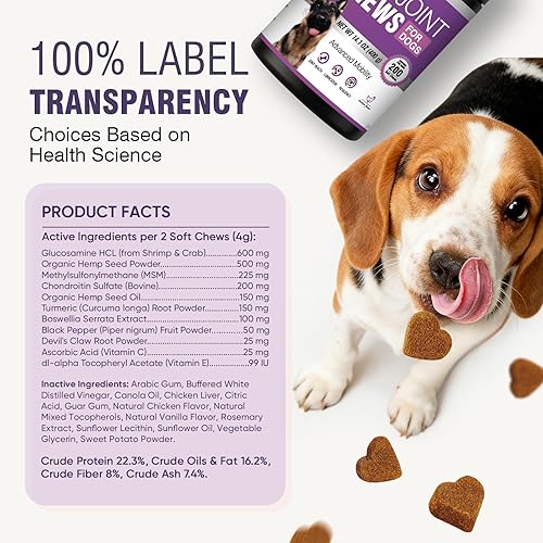 Miniatura 8 de Glucosamina para perros, 200 unidades, suplemento de apoyo para las articulaciones, condroitina para perros y caderas, golosinas con MSM cáñamo,