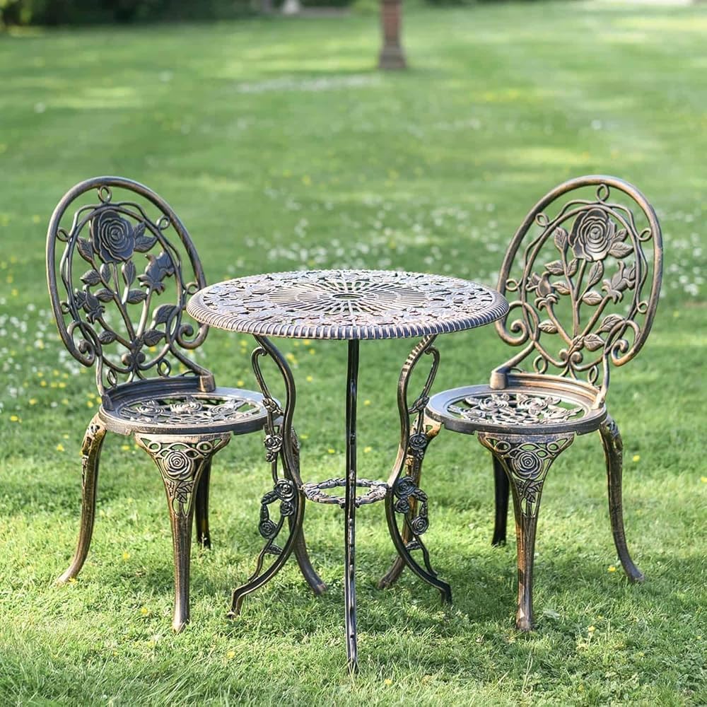 Juego de 3 piezas de bronce cepillado – Muebles de comedor de aluminio fundido de dos plazas para jardín, balcón y uso al aire libre – Elegante y duradero juego de mesa y sillas