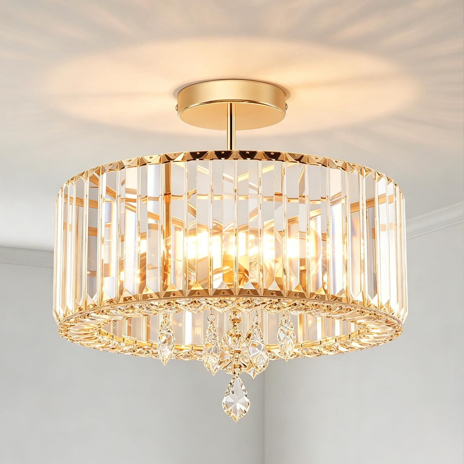 ANWIO Gold Crystal Ceiling Lights,3-Light Modern LED Chandeliers Fitting,Industrial Crystal Semi Flush Mount Ceiling Lighting for Hallway Living Room Kitchen Bathroom,Dia 36.5cm,(E27 Base)