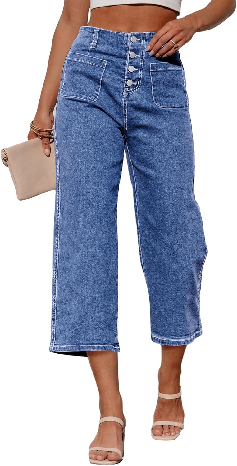 Sidefeel Women's Capri Pants Trendy Wide Leg Jeans High Waisted Stretchy Loose Cropped Denim Pants
