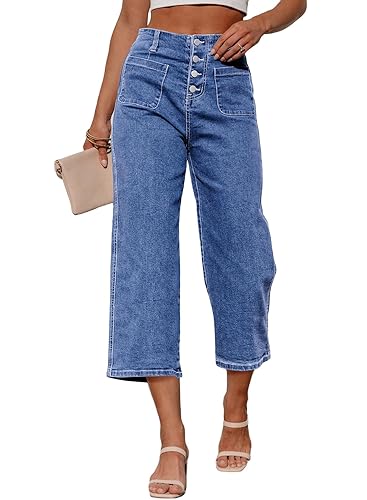 Sidefeel Women's Capri Pants Trendy Wide Leg Jeans High Waisted