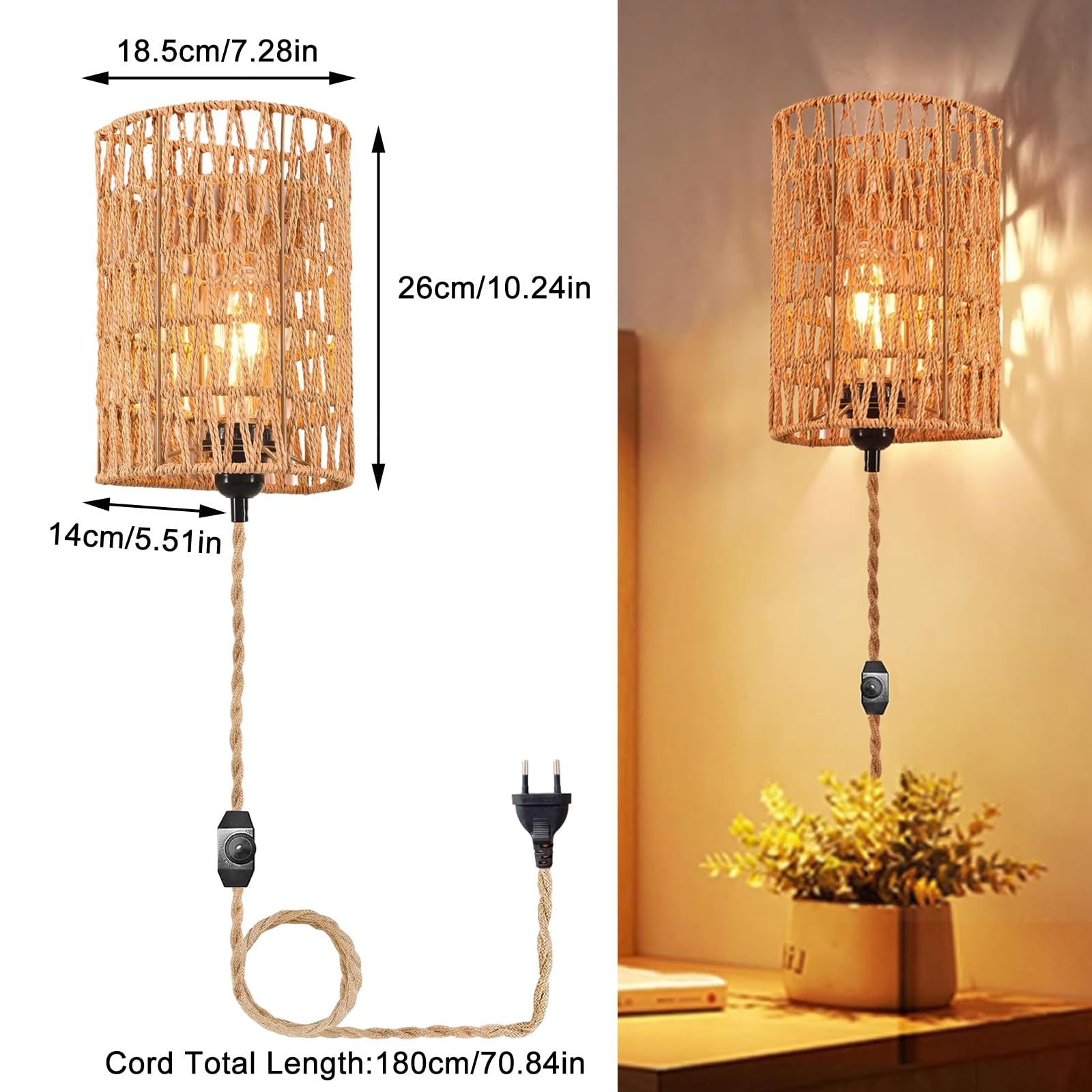 Rotan wandlamp bruin, Heather, met schakelaar