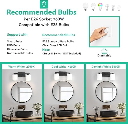 Miniatura 5 de Honesorn Luces modernas de tocador, 2 lámparas de baño negras claras con pantalla esmerilada, montaje en pared E26, antioxidante