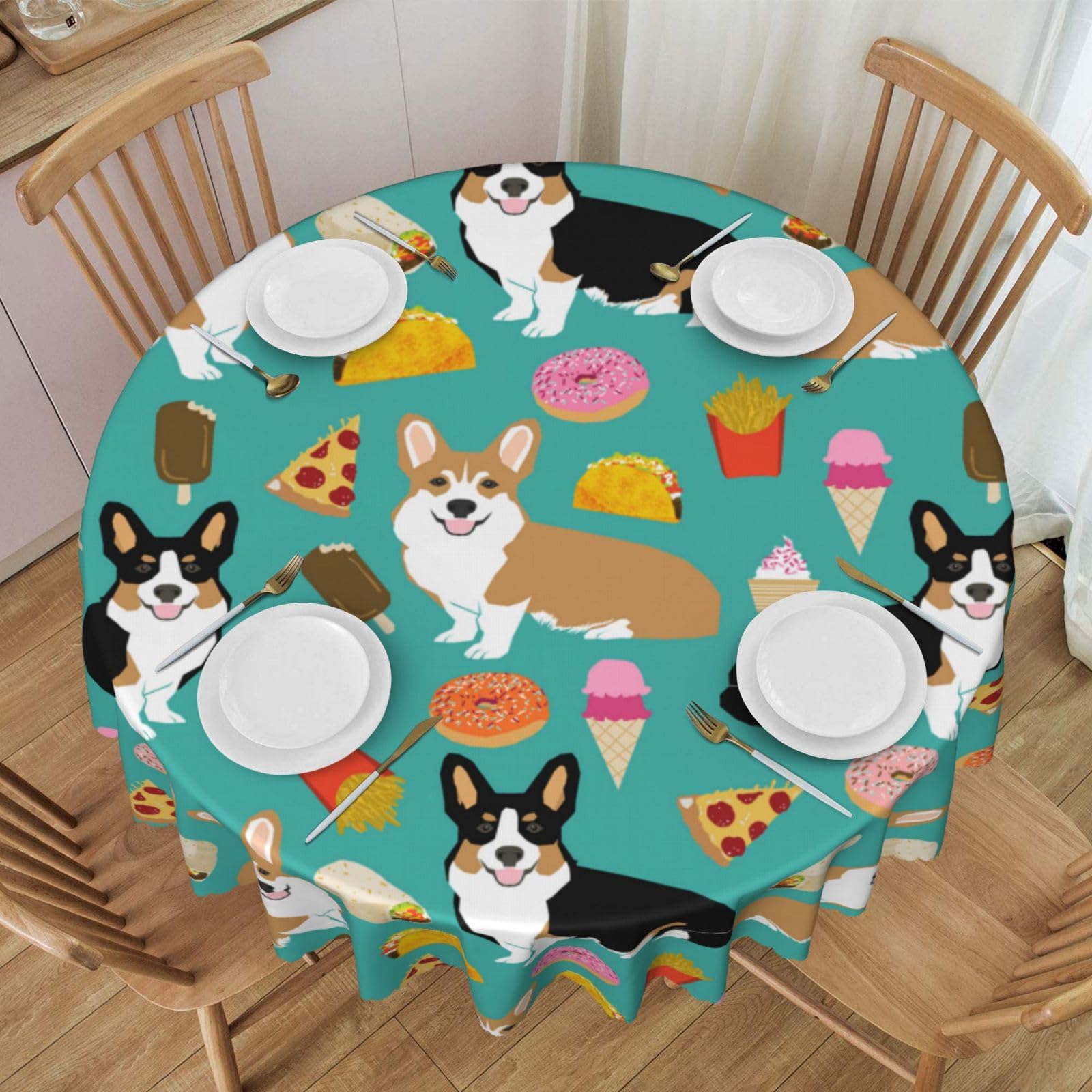 DCEHGEW 60 In Round Tablecloth with Lace, Cute Corgi Printed Oilproof & Washable Fabric Picnic Table Cloth Table Covers