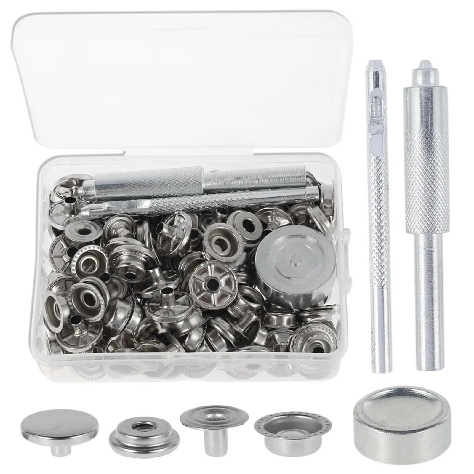 Xinglongs Silver Snap Button Fastener Kit 2Set Snap Fasteners Kit With Punch Tool Copper Button Replacement For Bag Leather Jeans Craft