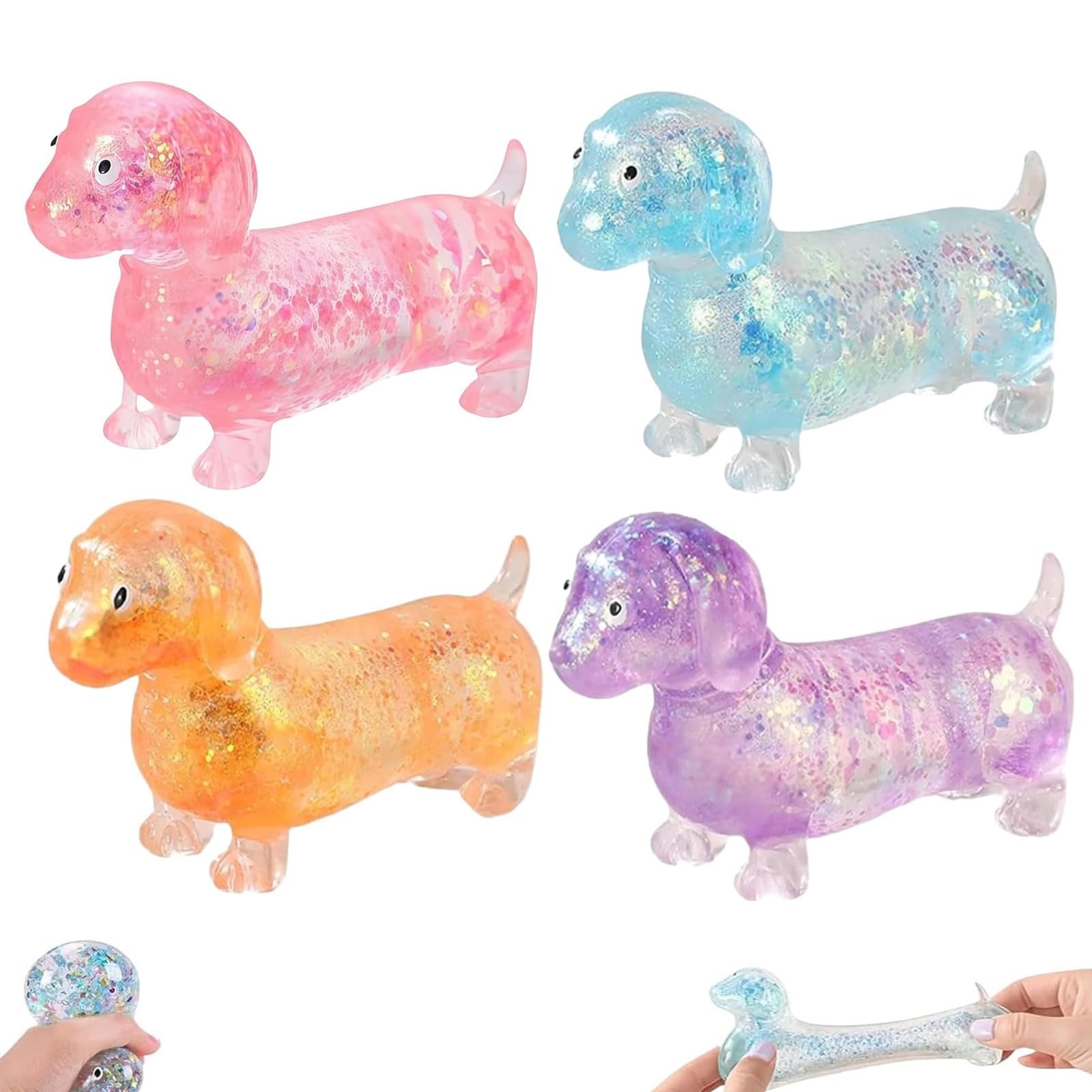 Zabawka antystresowa Jamnik, brokatowy pies Fidget Squeeze Miękkie antystresowe sensoryczne gąbczaste kulki zwierzęce, na upominki przyjęcie urodzinowe Prezent biurowy(4 Colors)