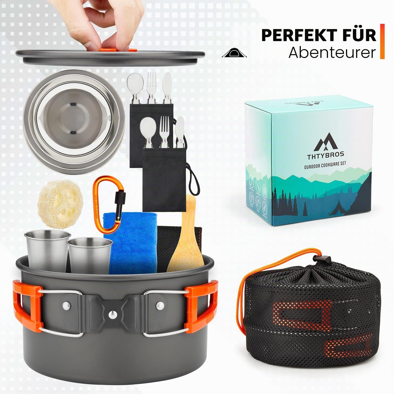 THTYBROS 17-teiliges Camping-Kochgeschirr-Set, hart eloxiertes Aluminium-Topf-Pfanne-Kessel mit 2 Edelstahl-Tassen, Teller, Besteck für Outdoor-Wandern, Rucksackreisen, Picknick
