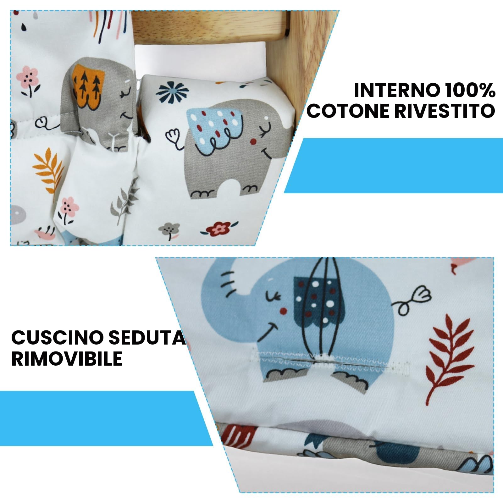 Sporgo Cuscino Stokke: imbottitura doppia impermeabile rimovibile cotone organico per seggiolone (elefanti)