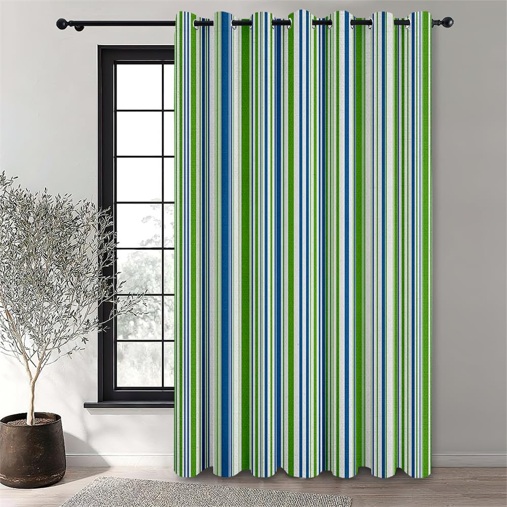 Hiseng Cortina Exterior Impermeable 1 Piezas Rayas Cortinas Opacas con Ojales Protección UV Solar Resistente al Agua Cortinas para Pergolas Terraza Patio Balcón (180x213cm,Verde Azul)