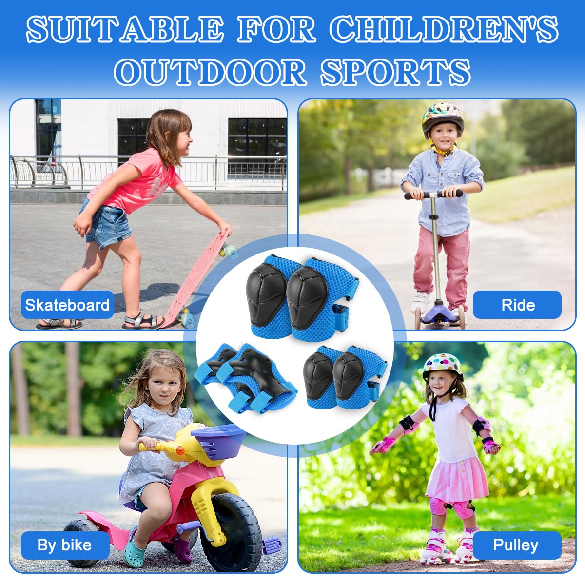 Protezioni Skateboard Bambini Ginocchiere Set 6-in-1 per Skateboarding Pattinaggio Biciclette Ciclismo Blu