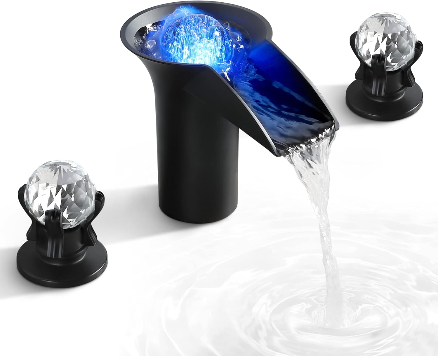 SKOWLL Waterfall Faucet Bathroom, Dual Handle Widespread Bathroom Faucet with 3 Hole 8 Inch, Free Floating Crystall Ball, Matte Black