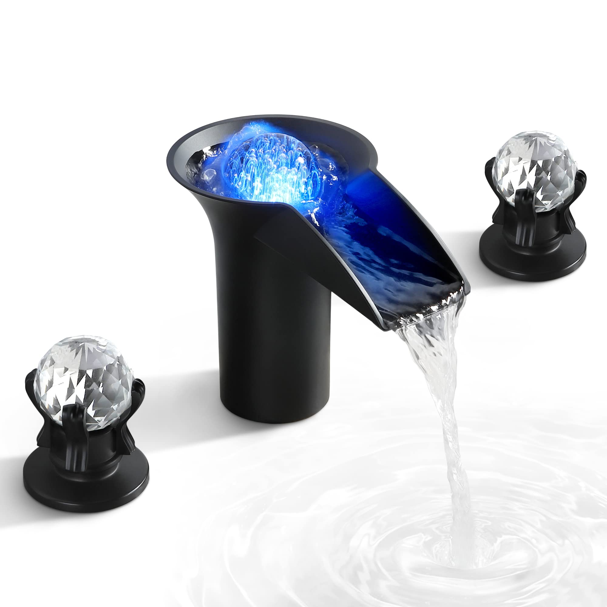 Photo 1 of SKOWLL Bathroom Sink Faucet Waterfall, Free Floating Crystal Ball with LED Light, Modern 8 inch Widespread Bathroom Faucet 3 Hole with Dual Handle, Matte Black