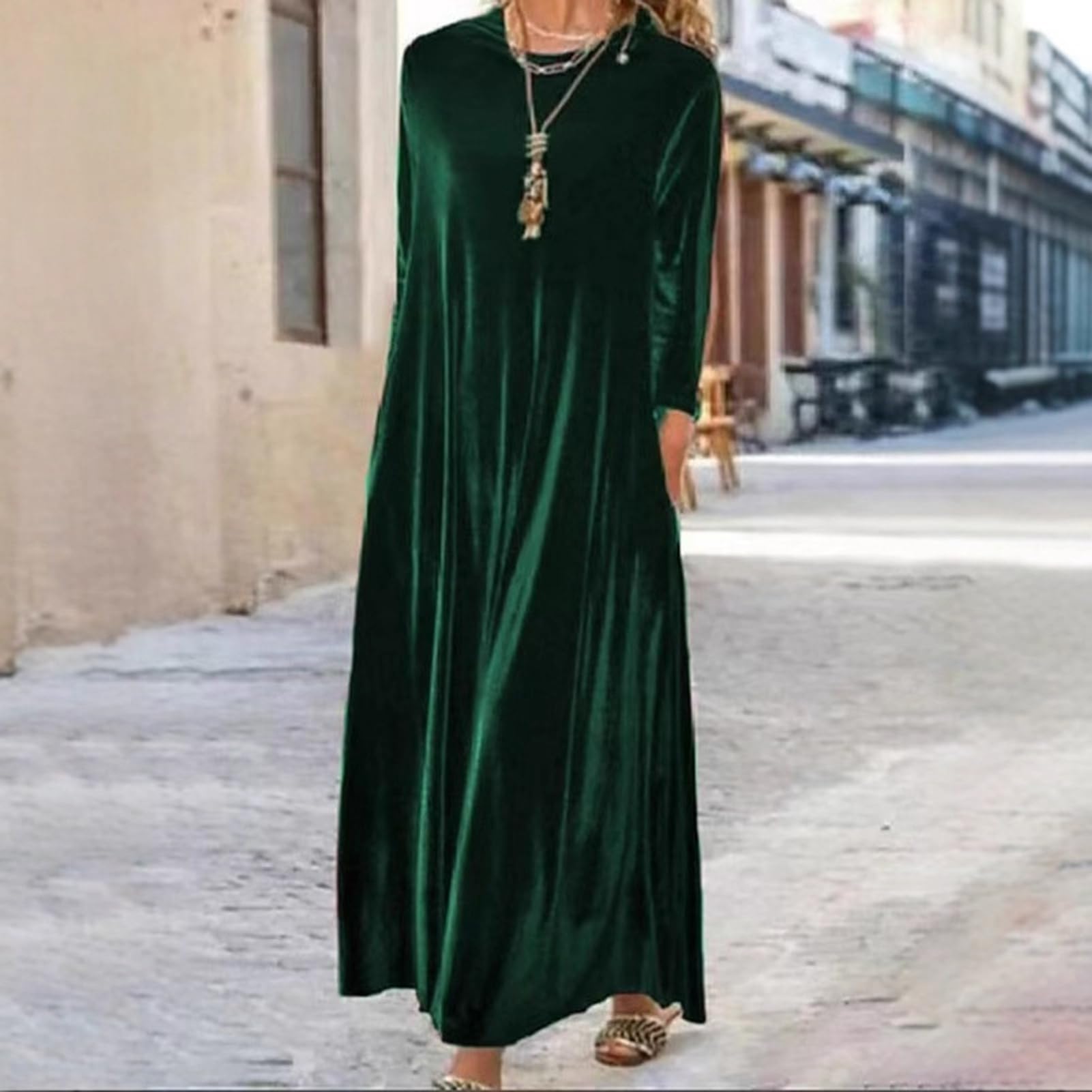 Robe longue en velours pour femme - Col rond - Manches longues - Coupe ample - Idéale comme tenue d'invité de mariage - Idéale pour les cocktails, les soirées