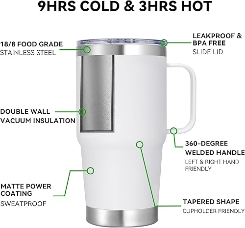 Miniatura 2 de Vaso de acero inoxidable de 20 onzas con asa con aislamiento de metal, taza de viaje para café con asa, vaso de doble pared con tapa y pajita, color
