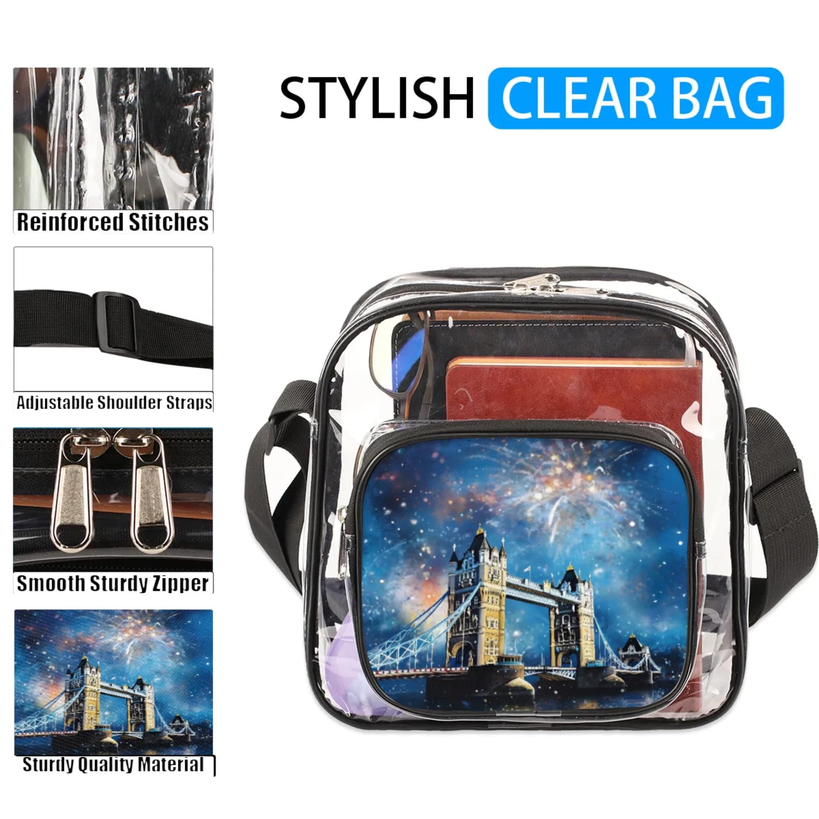 Clear Crossbody Bag Stadium Approved London Bridge Transparent Bag for Festivals, Sports Events, Concerts,Beach Bag for Women Men Clear Purse with Front Pocket Messenger Bag with Adjustable Strap