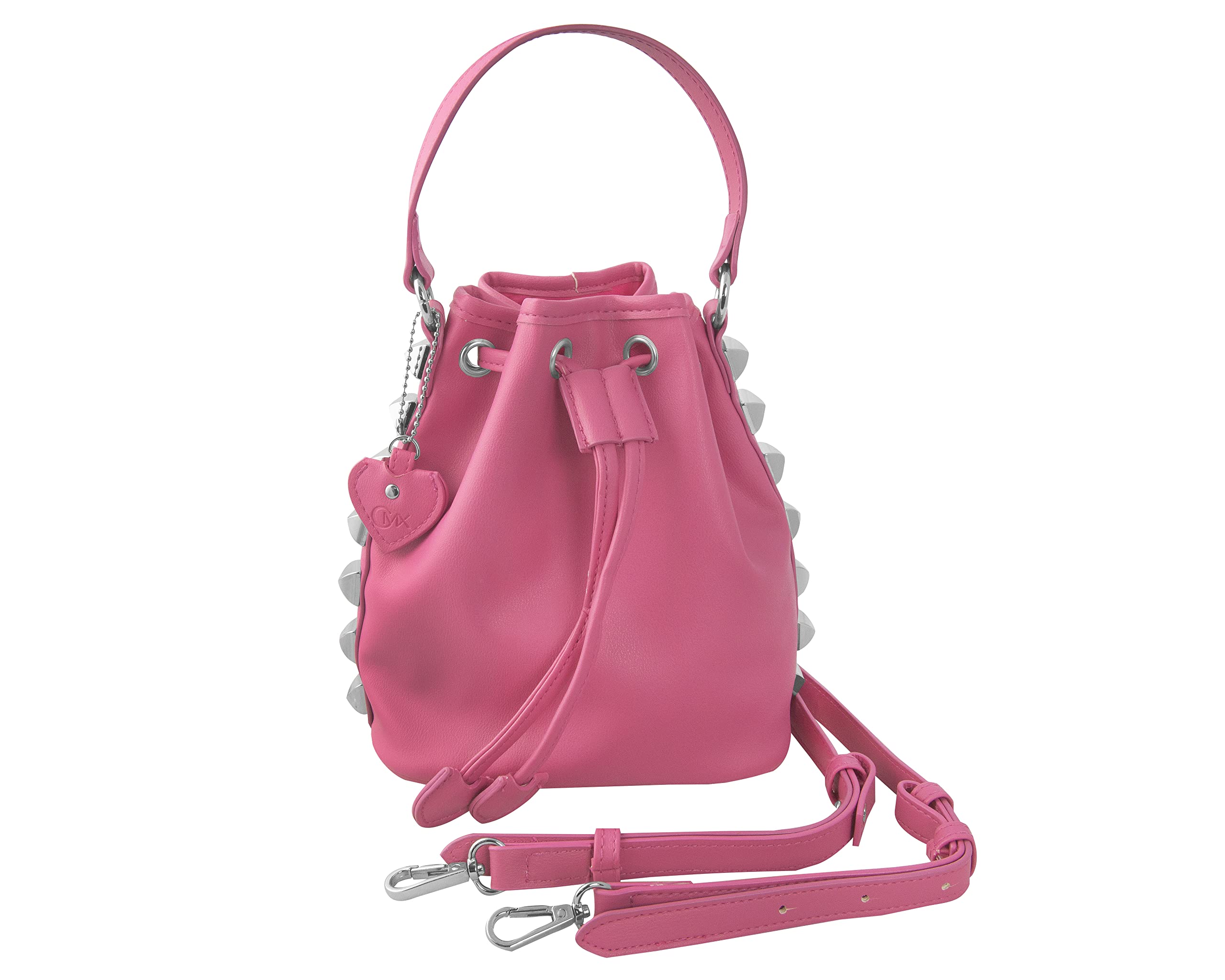 CMX STUDS - Borsa Donna e Ragazza Doppio Uso, a Mano o Borsa Tracolla Removibile e Regolabile, con Forma a Secchiello, Borchie Laterali + Charm Staccabile - Ideale per Regali Natale 16x10x21Hcm