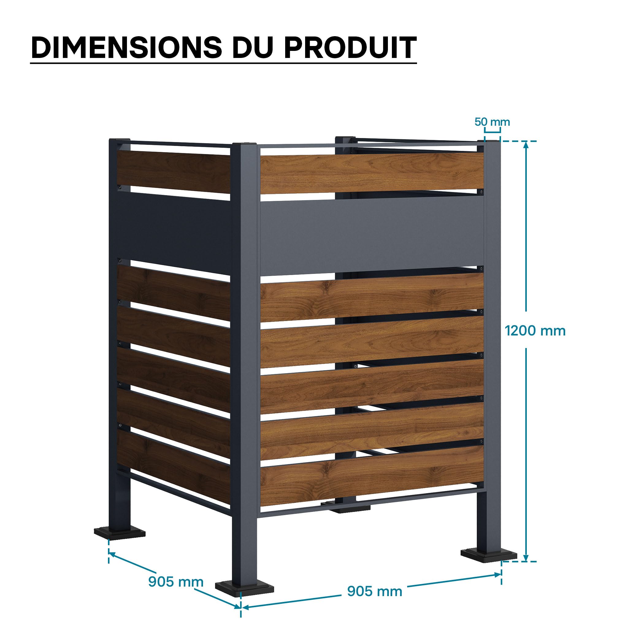 Wiltec Cache-Poubelle - 905 x 905 x 1200 mm - pour 60 à 240 L - Design Bois - en Acier - avec 3 Parois - Clôture Range Coffre Combinable