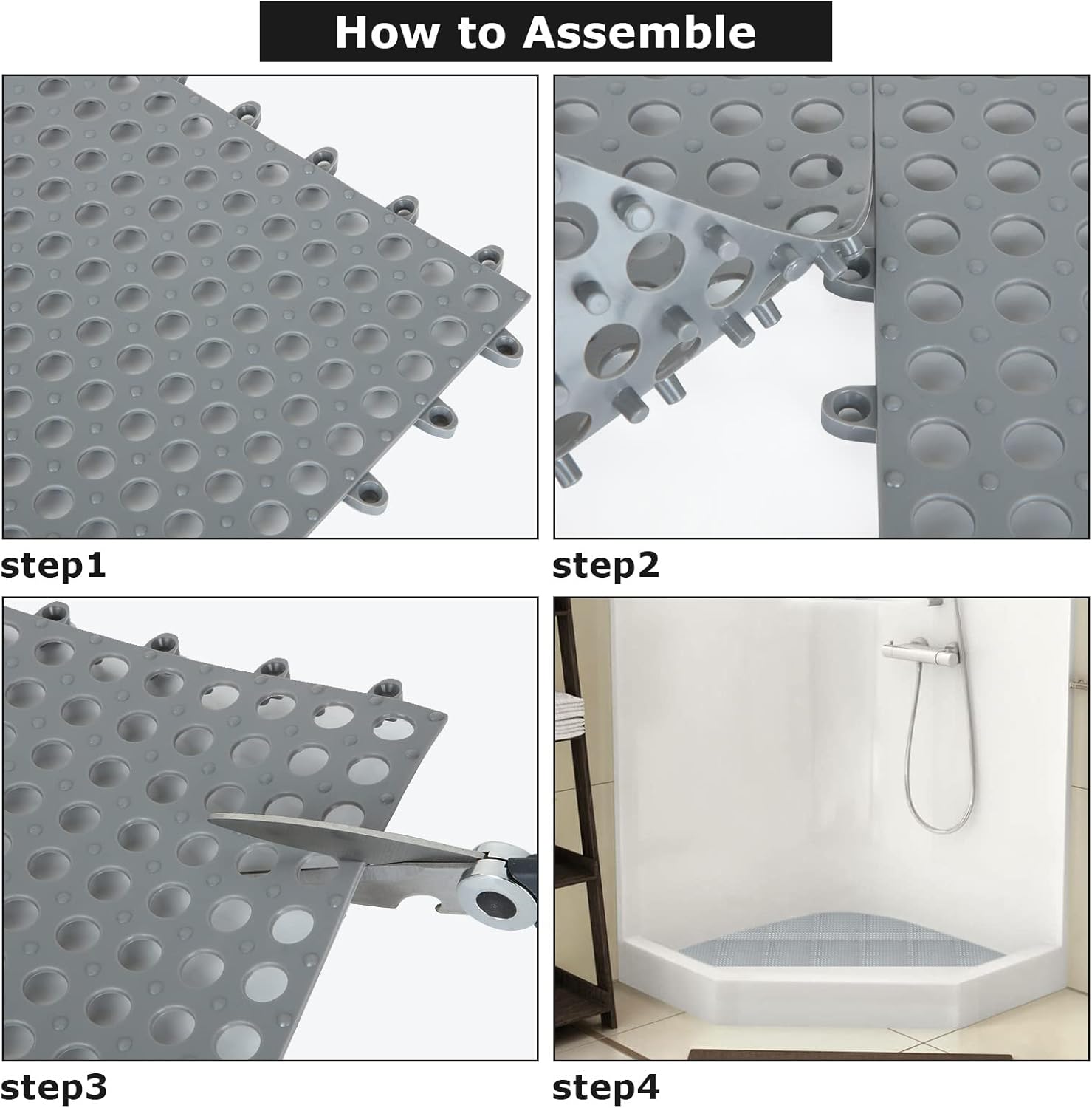 16Pack 12" x 12" Interlocking Rubber Floor Tiles Non-Slip Pool Mat Splicing Shower Cushion Mat for Bathroom, Deck, Drain, Pool, Patio, Balcony, Kennel, Dark Gray