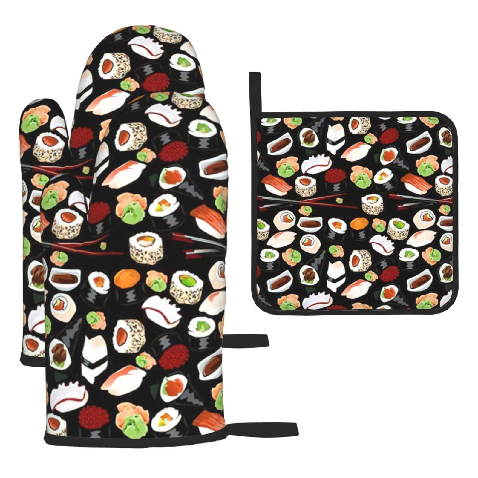 Yyoretp Black Japanese Sushi Print Oven Mitts And Potholders Bbq Gloves-Oven Mitts And Pot Holders For Cooking Baking