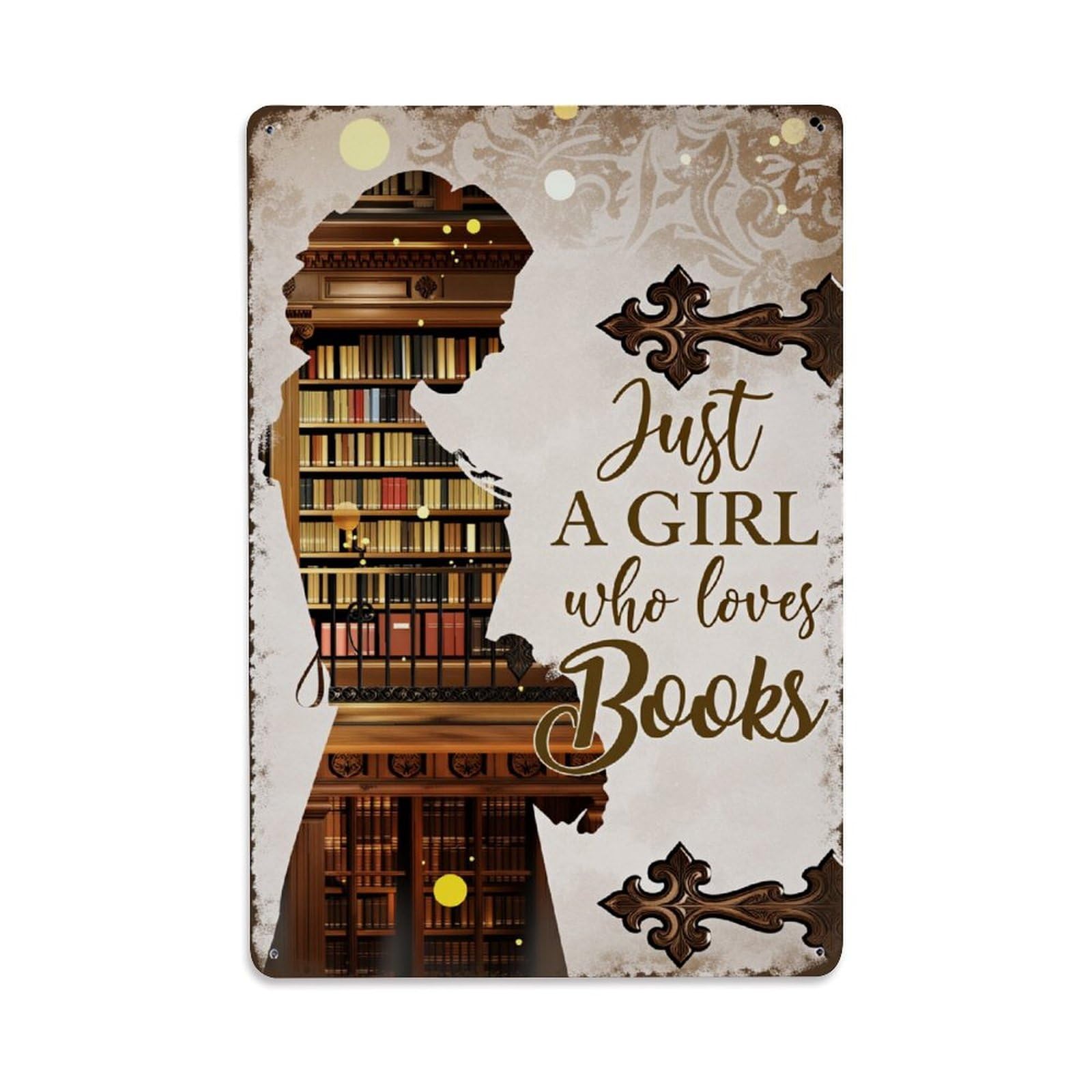 Ndieha Girls Vintage Silhouette Bookshelf Reading Books Tin Sign Metal Poster Retro Bar, Home, Man Cave, Kitchen, Laundry Room Wall Art Decor Gift 8X12 Inch