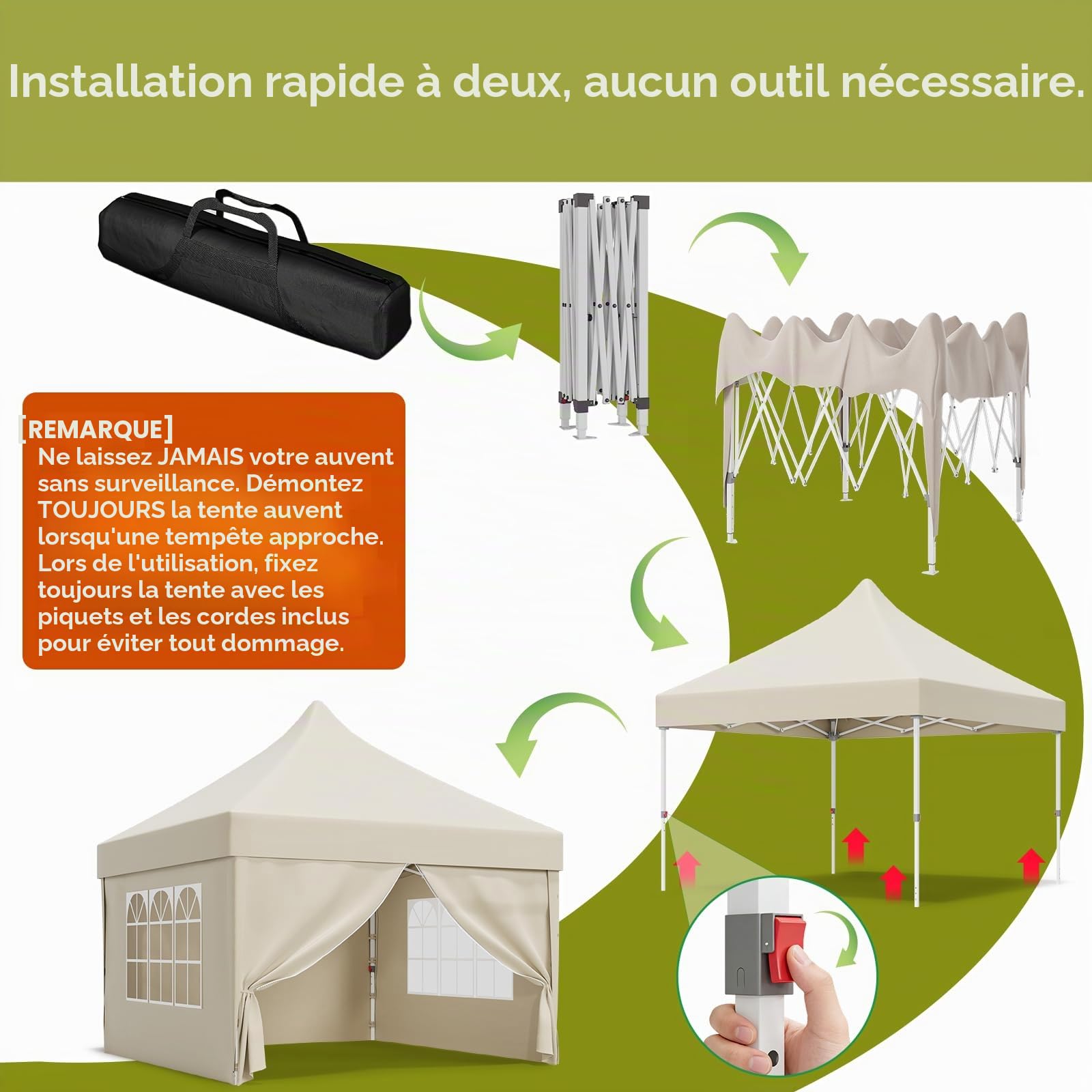 JUMMICO Tonnelle 3x3m Pliante +10cm Hauteur Intérieure - Beige | Toile Oxford Imperméable, Robuste et Durable - Tente de Fête Élégante - Idéale Jardin, Camping et Fêtes