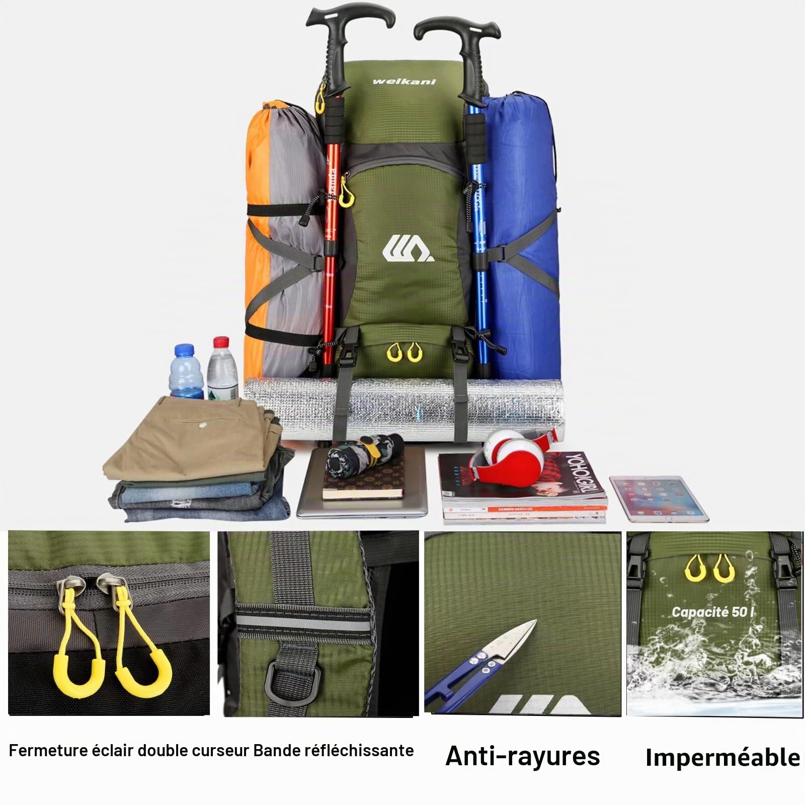 Sac à dos de randonnée imperméable de 50 L pour homme et femme - Grand sac à dos pour escalade, voyage, randonnée, ski, trekking, sport de plein air