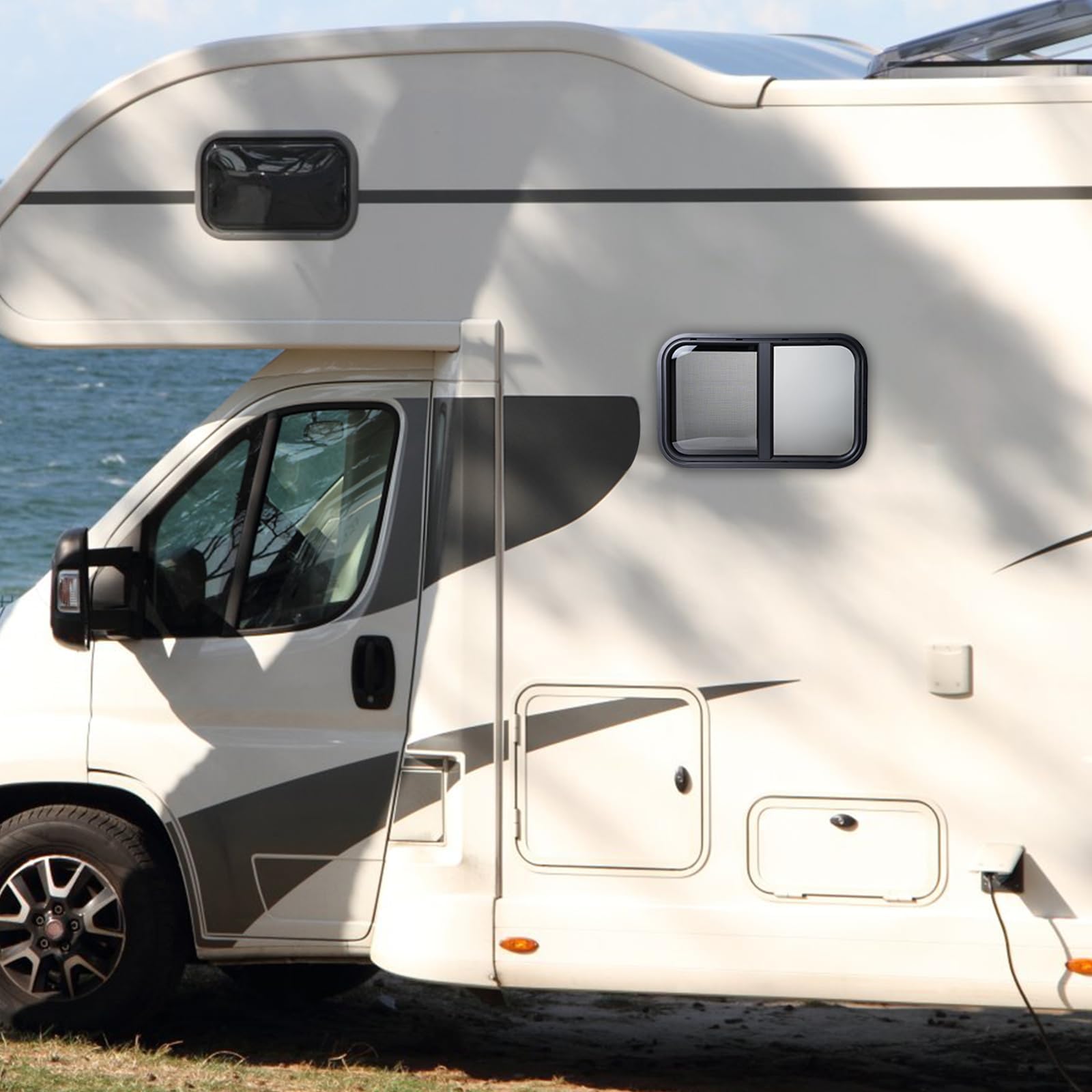 Horizontal RV Window, 762mm x 508mm Tinted Sliding Camper Window with Net Screen and Trim Ring, DOT Certified, Replacement for RVs and Trailers