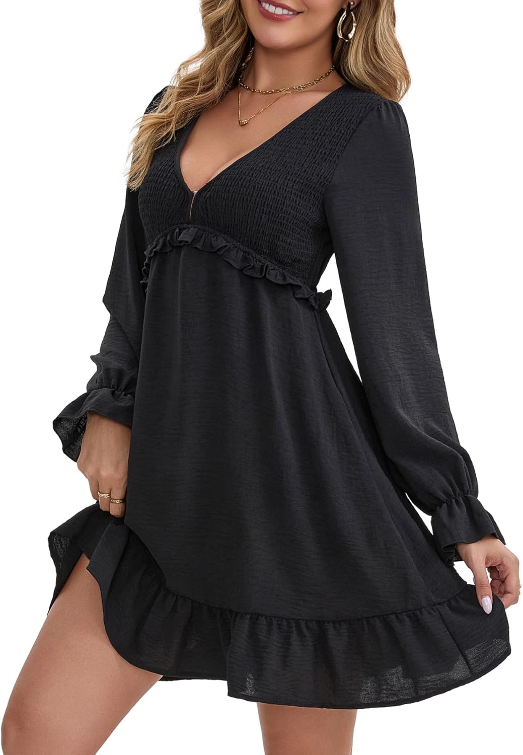 Women's Casual Long Sleeve Babydoll Flowy Dress Smocked V Neck Party Mini Dress with Pockets 2025 Fall Short Dresses - Image 3