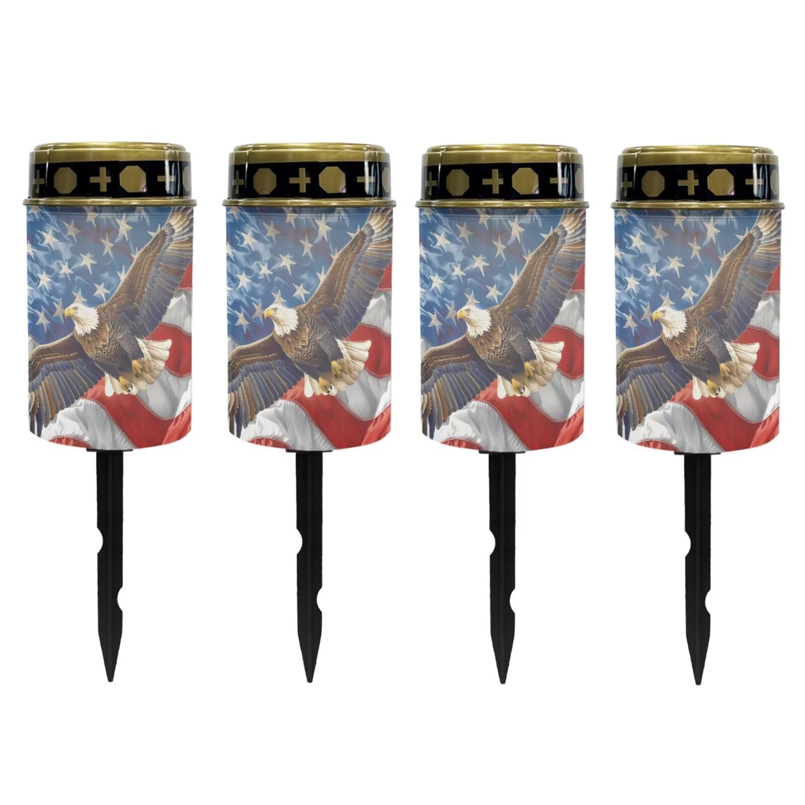 Poceacles Eagle American Flag Pattern Solar Lights Outdoor Waterproof Grave Lights for Cemetery LED Flameless Candle Cemetery Solar Pillar Candles Outdoor Decor, 4 Piece