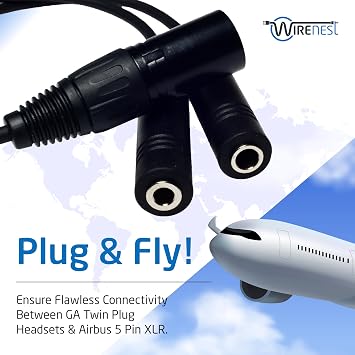 Wirenest GA Twin Plug to Airbus 5 Pin XLR Headset Adapter - Dual General Aviation PJ-055 (.206) and PJ-068 (.25) Jacks Connector - Compatible with Most Major Brand Pilot Headsets