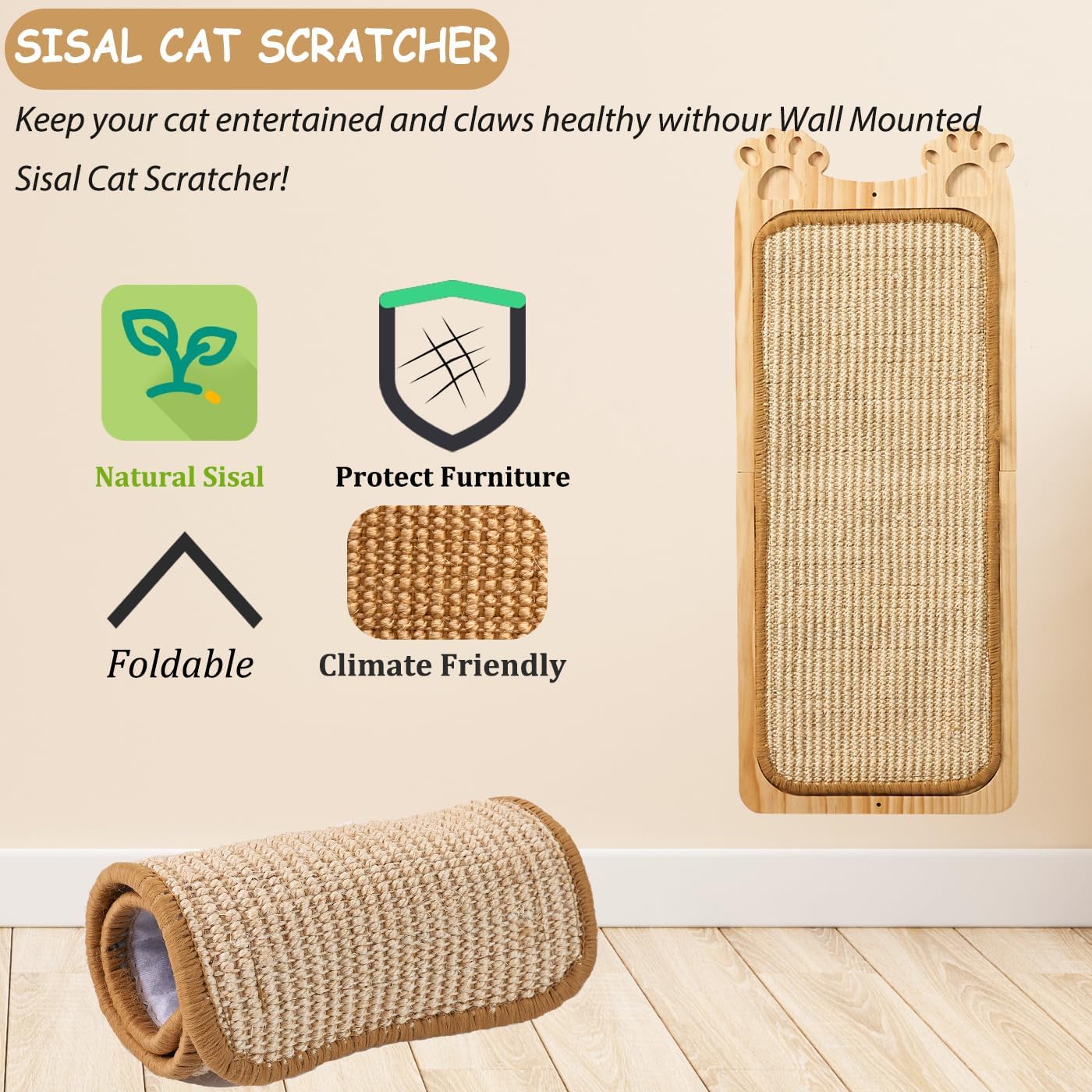 review Wall Mounted Cat Scratcher, Cat Wall Scratching Post, Sisal Cat Wall Scratcher with Cat Ball Toy, Wood Cat Scratching Board for Indoor, Cat Wall Furniture Scratch, Cat Wall Scratcher
