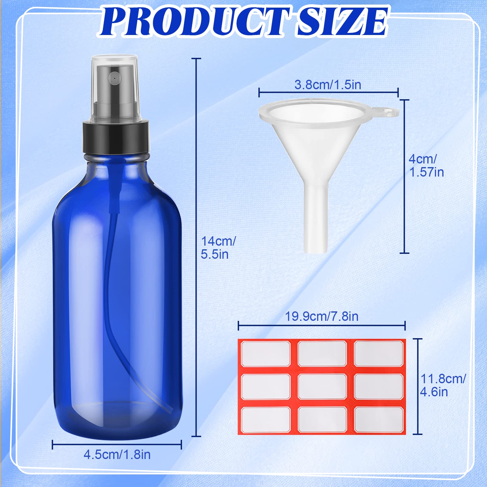 36 Pcs Glass Spray Bottles 4oz Fine Mist Glass Spray Bottle Refillable Liquid Containers with 6 Labels and 6 Funnel for Hair, Travel, Plants, Cleaning Solutions and Skin Care (Blue)
