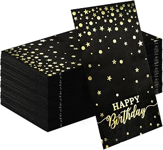 HEIPINIUYE 50 Pieces 3-ply Happy Birthday Napkins Disposable Black and Gold Birthday Dinner Napkins Paper Napkins for Woman Man Birthday Party Bathroom Napkins Guest Disposable