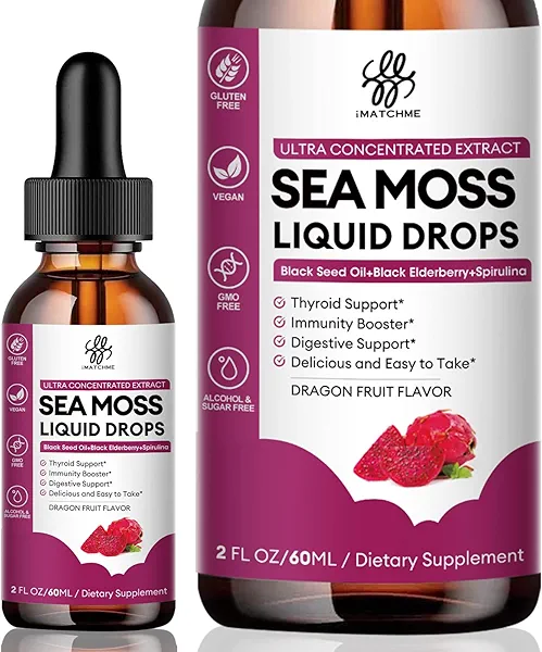 iMATCHME Sea Moss Black Seed Oil for Immune System, Gut, Skin & Energy, 7 in 1 Sea Moss Complex Liquid Drop with Spirulina, Black Elderberry, Burdock Root, Bladderwrack, Dragon Fruit Flavor, 2 Fl Oz