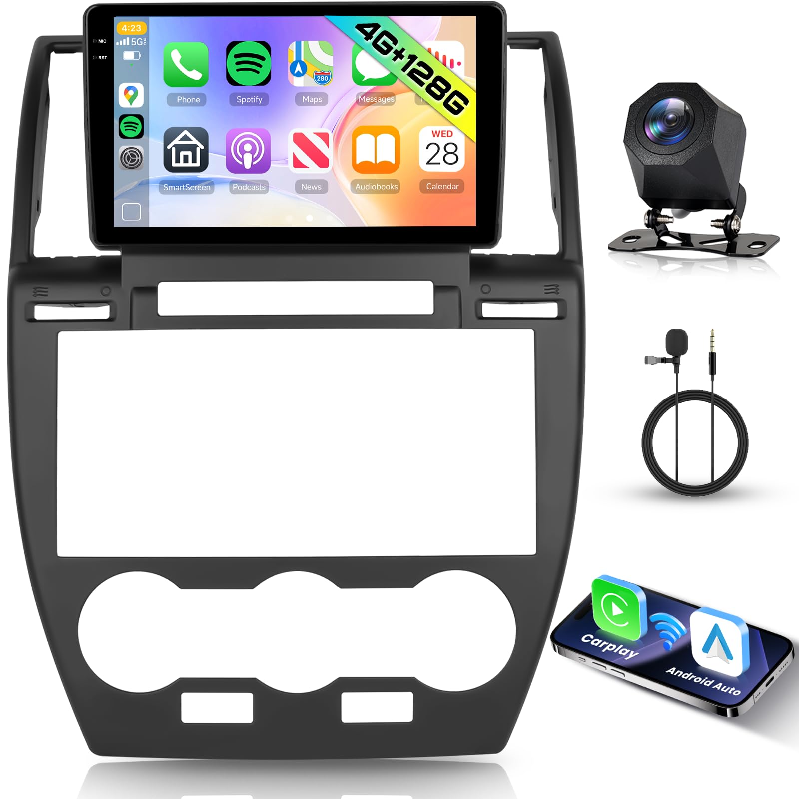 Hodozzy 4GB+128GB Android Autoradio für Land Rover Freelander 2 2007-2012 mit Carplay Wireless Android Auto, 9 Zoll InCell Touchscreen 2 Din Radio mit GPS Navi Bluetooth DSP WiFi RDS, Rückfahrkamera