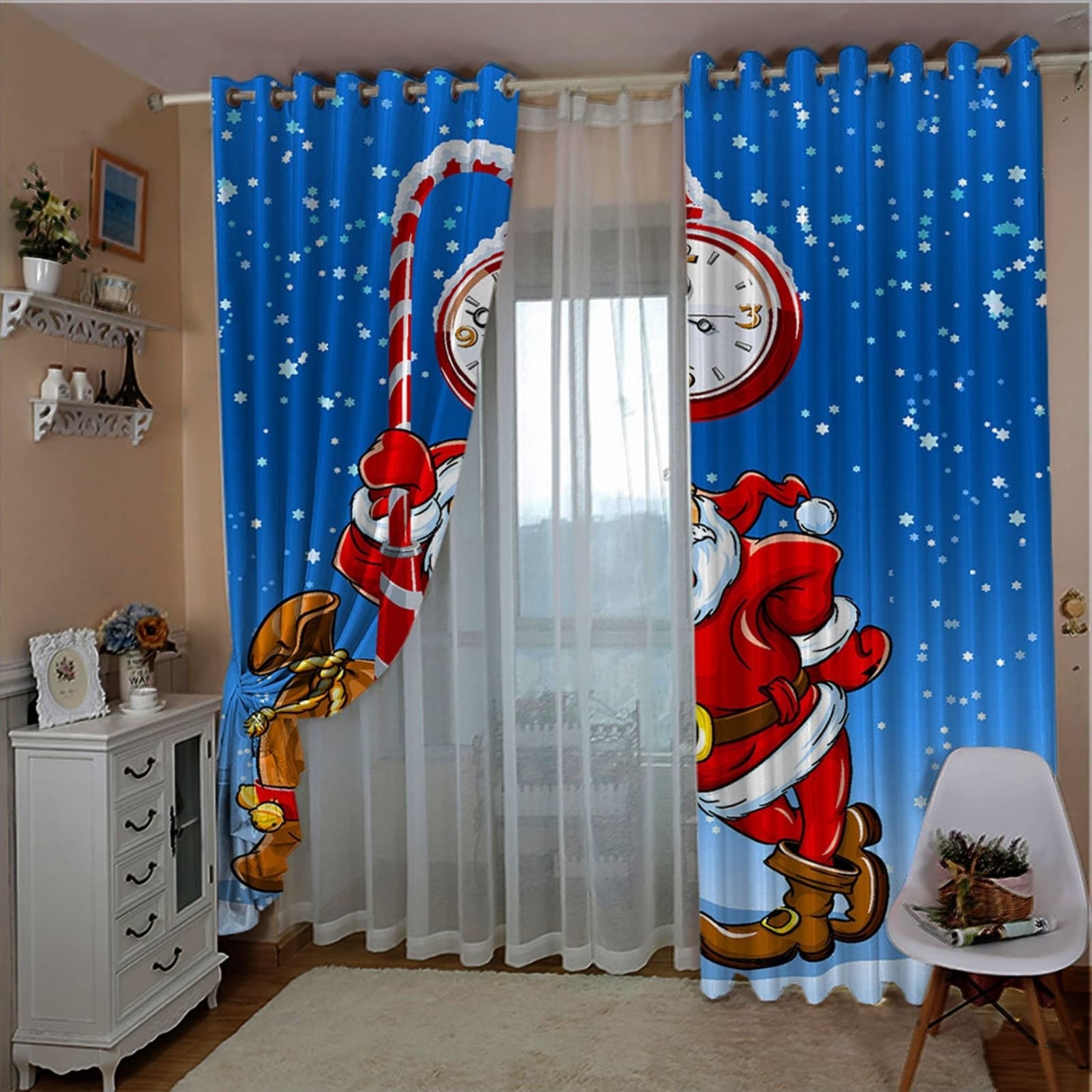 Święty Mikołaj pod zegarem zasłony do salonu, zasłony zaciemniające do salonu 2 panele, szer. 106 cm x dł. 213 cm