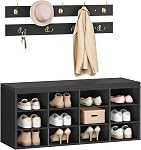 HOOBRO Shoe Storage Bench with Cushion, 39.4" L Entryway Bench with 12 Cubbies, Entryway Hall Tree with Storage, Shoe Cabinet with Coat Rack for Bedroom, Hallway, Holds up to 330 lb, Black BB112HX01