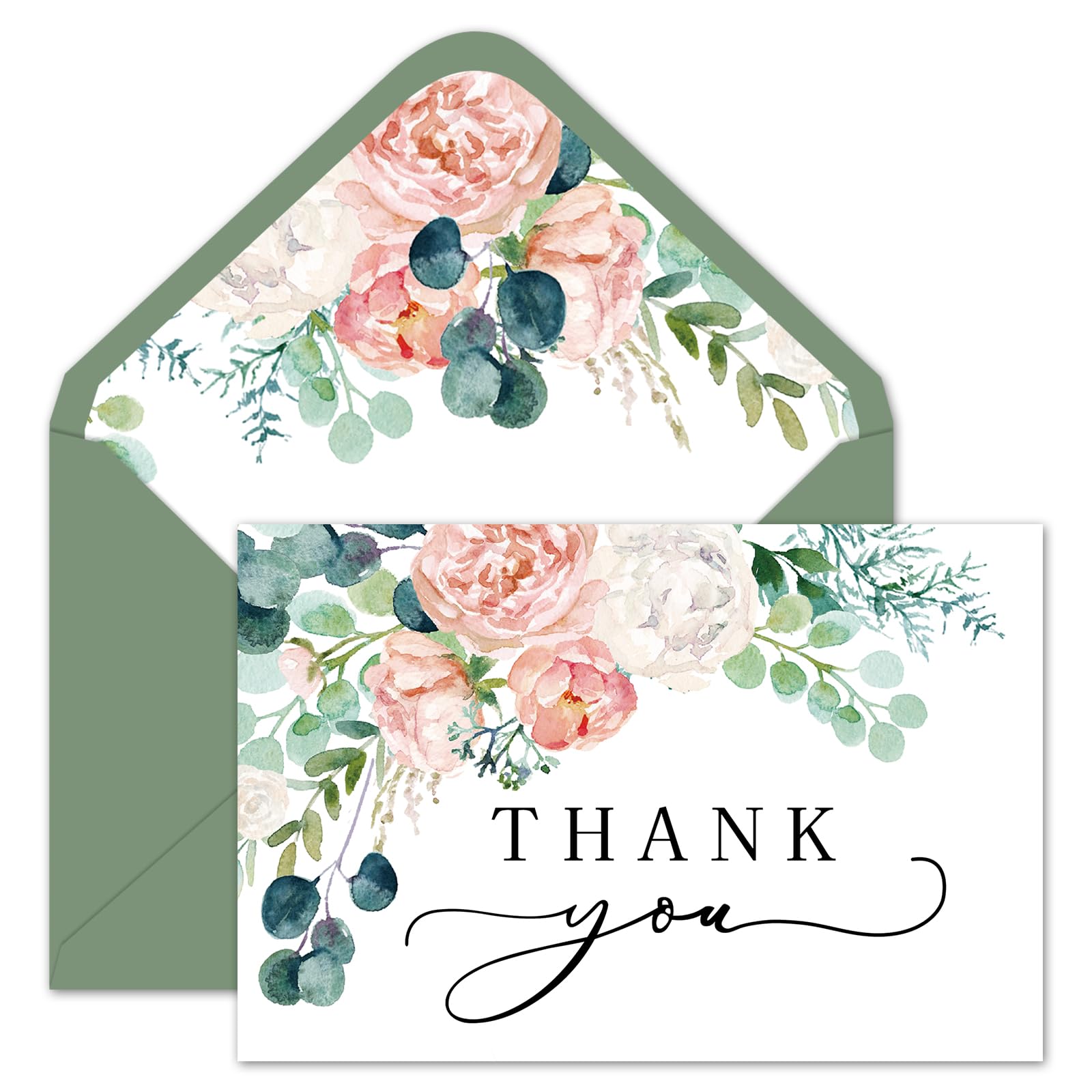 Whaline 24 Pack Floral Thank You Cards Watercolor Flower Eucalyptus Leaves Blank Note Cards with Envelope Sticker Spring Greeting Card for Wedding