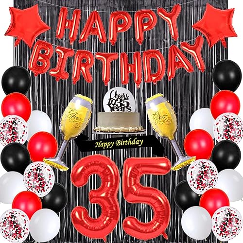 santonila Decoraciones rojas de cumpleaños de 35 años, banderines con texto en inglés Happy Banner Cheers To 35 años para decoración de tartas,