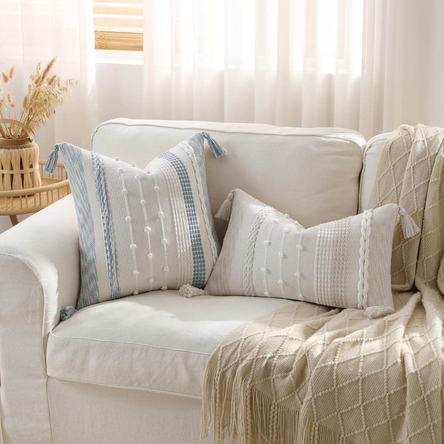 Boho Lumbar Pillow Cover 12x20 Beige - Handmade Woven Textured Rectangular Throw Pillow Case with Cordings & Tassels, Decorative Accent for Couch Sofa Bed Farmhouse Living Room Bedroom Home Decor